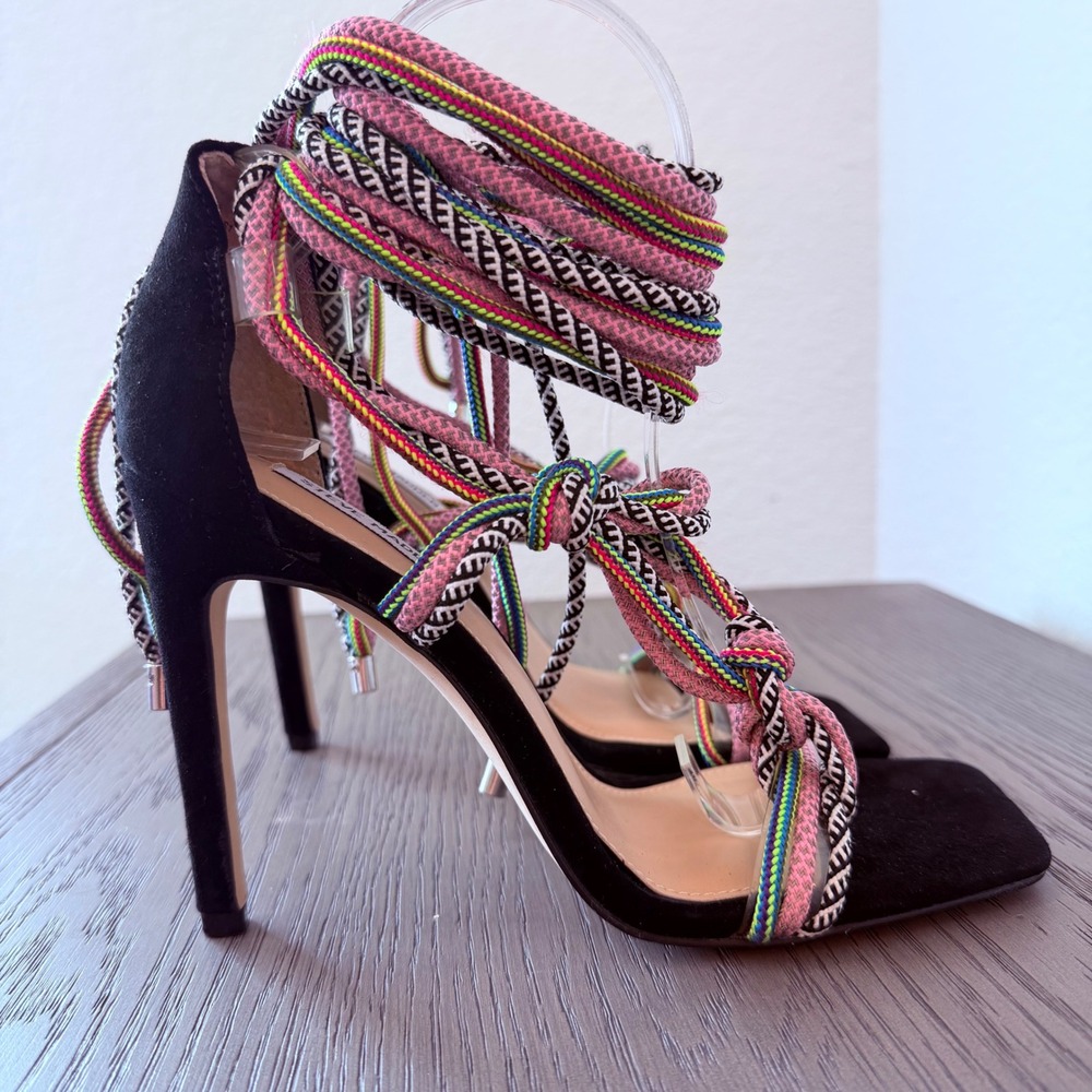 Steve Madden Black Multi Cord Wrap Around Lace Up Square‎ Toe Stiletto Heels